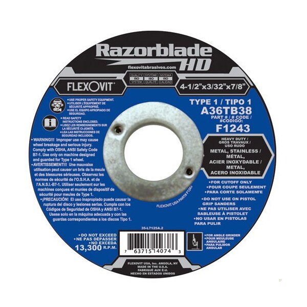 Flexovit Razorblade HD Razorblade HD Heavy Duty Cut-Off Wheel, 4-1/2 in Dia x 3/32 in THK, 7/8 in Center Hole F1243 - main